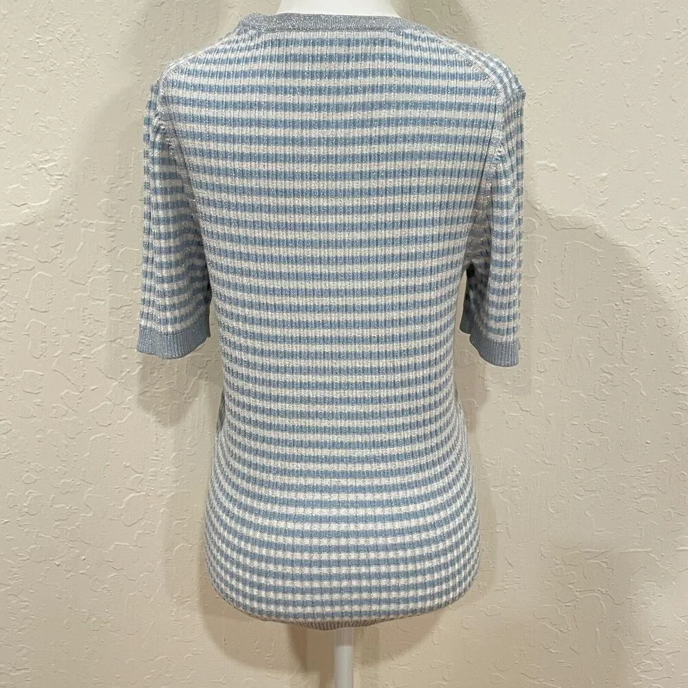 ~ Brooks Brothers XL Sweater Short Sleeved Striped Metallic Ribbed Knit Lt Blue